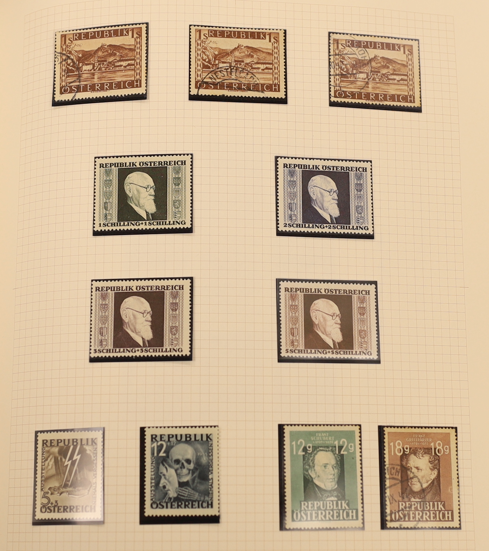 A collection of Austrian stamps in three albums with a range of early issues including imperfs, 1858-59 3k. black and 3k. green used, 1910 Birthday set mint, 1933 WIPA 50g. mint, 1946 Anti- Fascist unissued pair unmounte